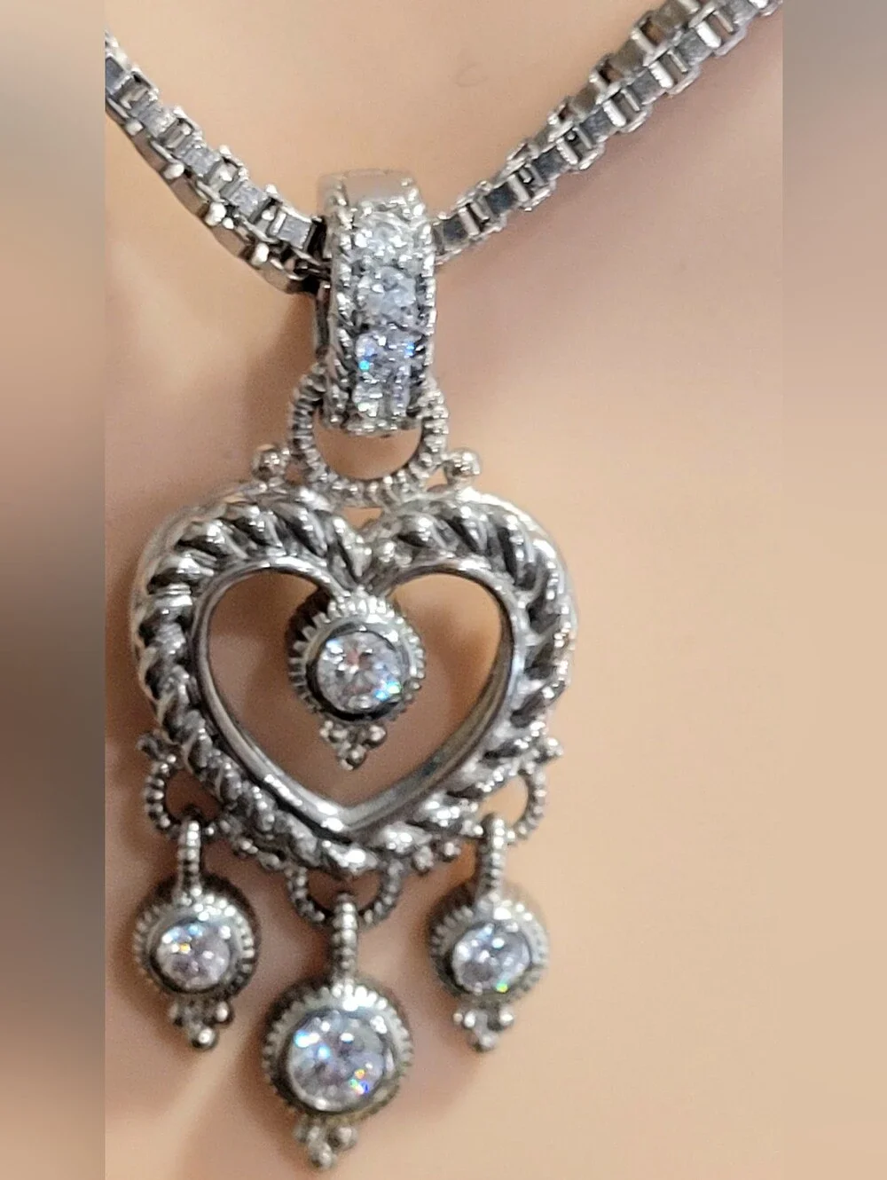 Judith Ripka, Rare Find,  Signature Textured Sterling Silver Heart-themed CZ 18